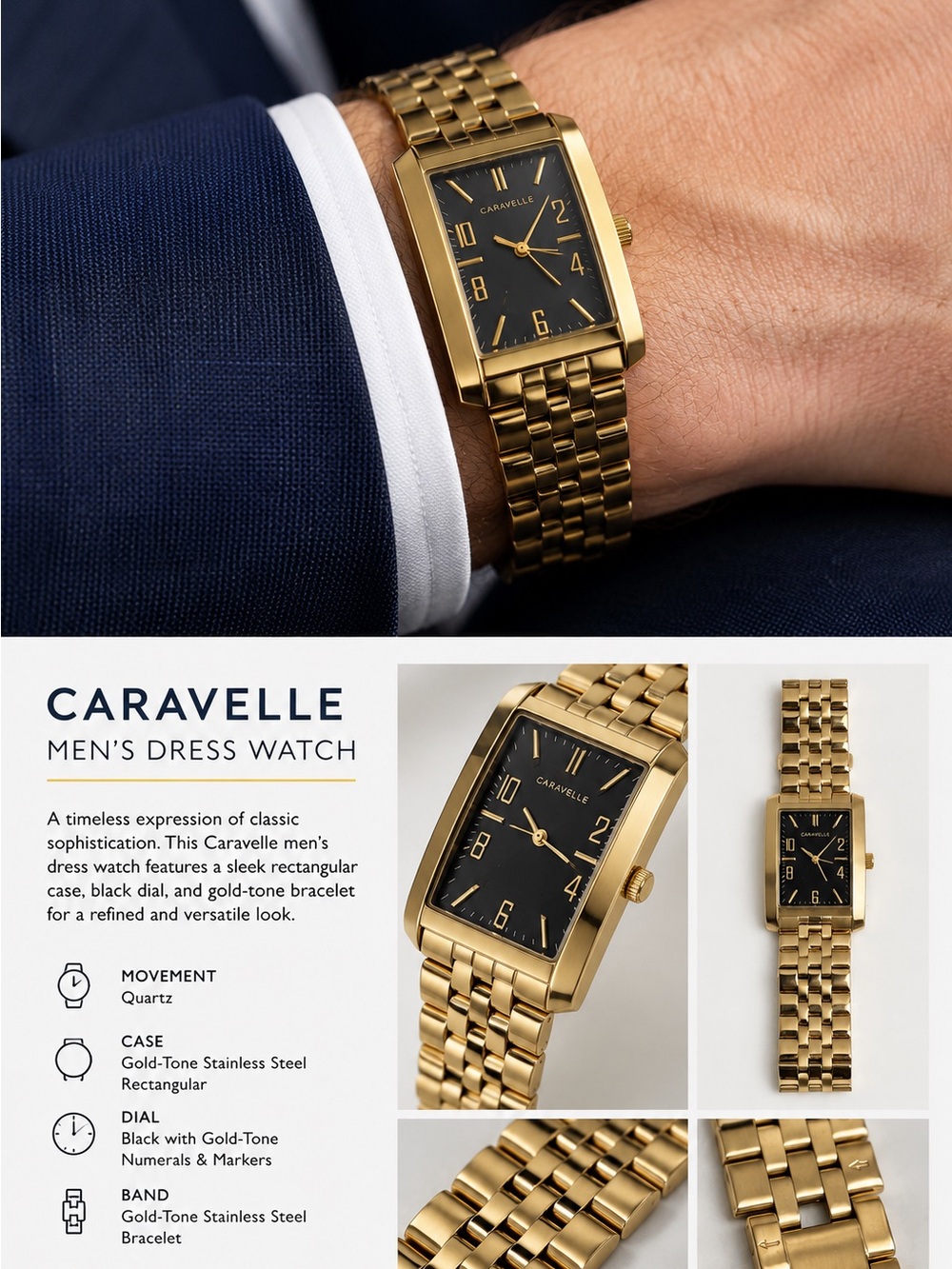 Caravelle by Bulova Men’s Gold Tone Rectangular Bracelet Watch Black dial 44A110